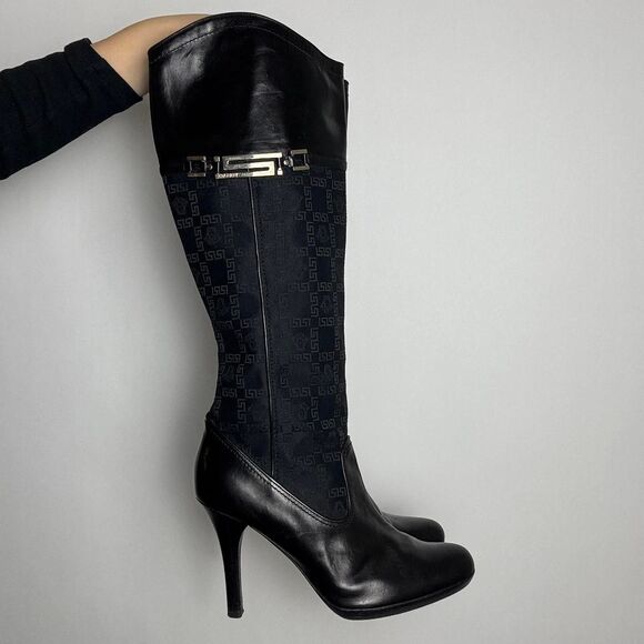 Versace Vintage Y2K Black Leather and Signature Canvas Tall Knee High Boots - Picture 2 of 8